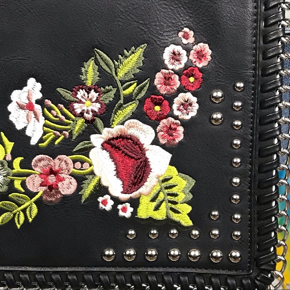 Harlow Black Boho Biker Chic Embroidered Crossbody Shoulder Clutch Bag - Picture 5 of 9